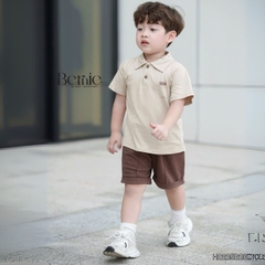 Set bộ polo tay ngắn màu nâu họa tiết in túi và chữ kèm quần short bé trai 1 đến 7t BERNIE H0225B25