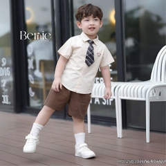 Set bộ sơ mi tay ngắn thêu gấu kèm cà vạt rời và quần short cho bé trai từ 9 đến 25kg BERNIE H0125B30