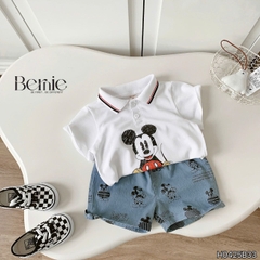 Set bộ tay ngắn cho bé trai áo polo họa tiết mickey và quần short jean in tràn size 1 đến 7 tuổi BERNIE Kids H0425B33