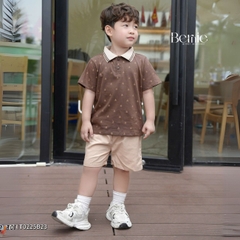 Set bộ polo tay ngắn cổ dệt màu nâu họa tiết gấu kèm quần short đùi kaki 1 đến 7 tuổi BERNIE T0225B23