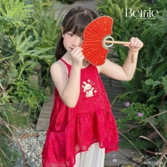 Set yếm lụa đỏ thêu thỏ tết trung thu bé gái dễ thương chất lụa gấm BERNIE 1 tuổi đến 7 tuổi H0525B19