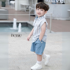 Set bộ tanktop cho bé trai áo sơ mi tanktop họa tiết kẻ xanh phối túi kèm quần short jean 9kg đến 28kg BERNIE P1224B01