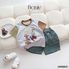 Set bộ tay ngắn phối màu họa tiết carnival kèm quần short jean cho bé trai 11kg tới 28kg BERNIE H0525B47