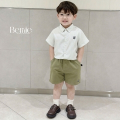 Set sơ mi ngắn tay kẻ sọc bé trai họa tiết thêu cáo kèm quần short cho bé từ 9kg tới 28kg BERNIE P0125B28
