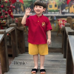  Set bộ sơ mi cổ trụ chất đũi cộc tay cho bé trai họa tiết mua Lân trung thu và Tết size 9 tới 28kg BERNIE H0525B32