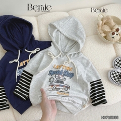 Set bộ tay dài thể thao unisex tay áo phối kẻ áo có mũ họa tiết ô tô đi chơi đi học 1 đến 7 tuổi BERNIE H0725B55