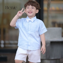 Set sơ mi bé trai công tử màu xanh trắng có nơ mặc thôi nôi sinh nhật sự kiện 1 đến 7 tuổi BERNIE H0725B73