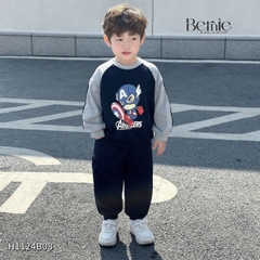 Set bộ dài cho bé trai tay áo raplang phối màu họa tiết siêu anh hùng kèm quần dài 1 đến 7 tuổi BERNIE H1124B08