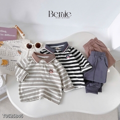 Set bộ polo tay dài kẻ ngang họa tiết thêu cáo nhỏ kèm quần dài cho bé trai size 1 đến 7 tuổi BERNIE T0625B46