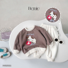 Set bộ nỉ tay dài kẻ sọc ngang phối màu họa tiết hình in cún dễ thương kèm quần dài unisex bé trai bé gái size 1 đến 7 tuổi BERNIE H0625B21
