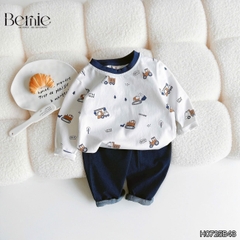 Set bộ thun cho bé trai tay dài áo thun họa tiết in trần xe cẩu kèm quần dài da cá size 9 tới 28kg BERNIE H0725B43