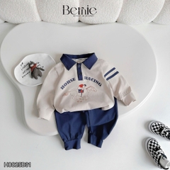 Set bộ bé trai áo thun polo cotton tay dài phối màu họa tiết ngựa kèm quần dài size 9 tới 28kg BERNIE H0825B31