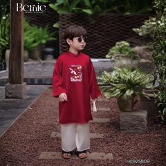 Set áo dài bé trai kèm quần chất lụa vân gỗ họa tiết thêu Hạc xuân mặc Tết size 9 đến 25kg BERNIE H0925B09