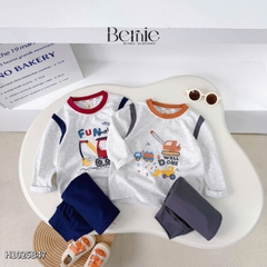Set bộ dài tay cố áo và tay phối màu chất cotton họa tiết xe cẩu kèm quần dài size 9 tới 25kg BERNIE H1025B47