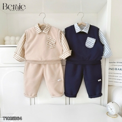 Set gilê kẻ 3 chi tiết áo sơ mi dài tay áo gi lê quần kaki cho né trai 1 đến 7 tuổi BERNIE 0724B40