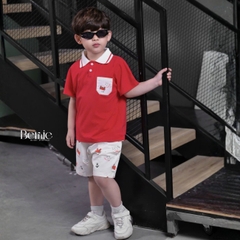 Set bộ Polo Crab màu đỏ cho bé trai áo thun polo tay ngắn và quần short kaki họa tiết size 9 tới 28kg BERNIE H1225B20Đ