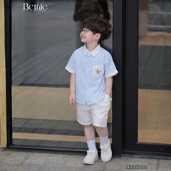  Set bộ sơ mi tay ngắn cho bé trai họa tiết kẻ Summer kèm quần short kaki size 9 đến 25kg BERNIE H1225B18Đ 