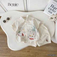 Set sơ mi ngắn tay đi biển cho bé trai bé gái họa tiết Tiny kèm quần short kaki size 9 tới 25kg BERNIE H1025B57
