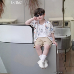  Set sơ mi 3 chi tiết tay ngắn cho bé trai họa tiết Mèo Khám Phá kèm quần short kaki size 9 tới 28kg BERNIE H1025B74Đ