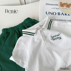 Set bộ polo tay ngắn cổ dệt thêu họa tiết Holiday xanh kèm quần short size 9 tới 28kg BERNIE T1125B14