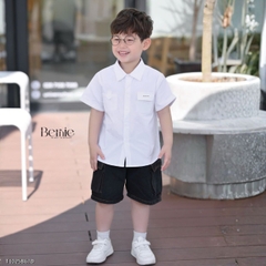 Set bộ tay ngắn cho bé trai áo sơ mi trắng kèm quần short jean phong cách Little Boss size 9 tới 28kg BERNIE T1025B67Đ 