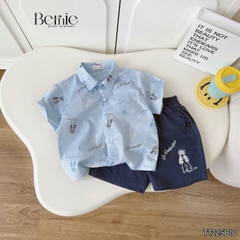 Set bộ sơ mi tay ngắn họa tiết in tràn cún Puppy kèm quần short cho bé trai size 11 tới 28kg BERNIE T1225B10