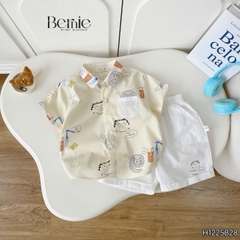 Set bộ sơ mi bé trai đi chơi đi biển áo tay ngắn họa tiết Papa Cat kèm quần short 11 tới 28kg BERNIE H1225B28