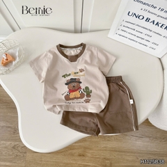 Set bộ tay ngắn họa tiết Gấu cao bồi và quần short đi chơi đi biển cho bé trai size 9 tới 25kg BERNIE H1125B38