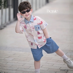 Set bộ đi chơi tay ngắn áo sơ mi họa tiết in tràn Idol cho bé trai kèm quần short denim size 11 đến 28kg BERNIE T1255B13