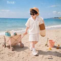 Set bộ sơ mi ren mây trắng tay ngắn cho bé trai đi chơi đi biển size 9 tới 27kg BERNIE H0226A05