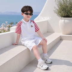 Set polo thêu ngựa áo tay ngắn raplang kẻ sọc kèm quần short kaki cho bé trai size 11 đến 28kg BERNIE H0226B35