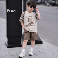 Set tay ngắn áo raplang họa tiết kẻ Good boy kèm quần short kaki cho bé trai size 9 đến 28kg BERNIE H0226B36