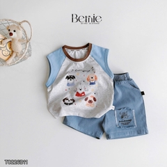 Set bộ bé trai áo thun tanktop họa tiết 5 Chú cún Cute kèm quần short denim size 9 đến 25kg BERNIE T0226B11