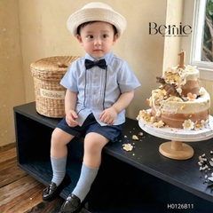 Set sơ mi bé trai công tử màu xanh trắng có nơ mặc thôi nôi sinh nhật sự kiện 1 đến 7 tuổi BERNIE H0725B73