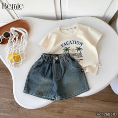Set bộ bé trai áo thun tay ngắn họa tiết dừa be đi biển kèm quần short jean cho bé trai size 9 đến 25kg BERNIE H0426B51Đ