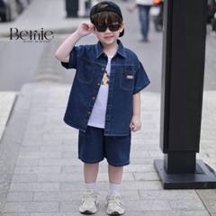 Set bộ sơ mi denim cho bé trai áo sơ mi phối túi kèm quần short size 9 đến 28kg BERNIE T0126B13Đ