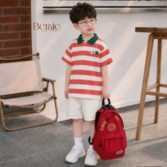 Set bộ thun áo polo tay ngắn họa tiết kẻ sắc màu kèm quần short kaki cho bé trai size 11 đến 28kg BERNIE H0226B37