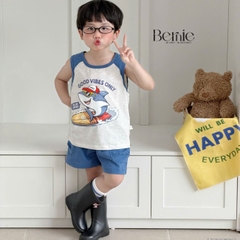 Set bộ ba lỗ áo thun phối màu họa tiết Baby Shark kèm quần short cho bé trai đi chơi đi biển size 1 tới 7 tuổi BERNIE H0326B34