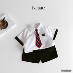 Set sơ mi 3CT Lucky Cool ngầu cho bé trai áo tay ngắn và quần short kèm cà vạt rời size 11 tới 28kg BERNIE T0326B29