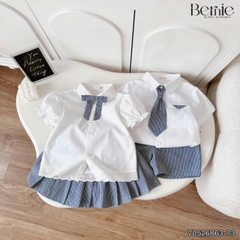 Set sơ mi kẻ Blue Schoo cho bé trai bé gái áo sơ mi trắng kèm quần hoặc chân váy cùng cà vạt và nơ rời size 11 tới 28kg BERNIE V0526B73