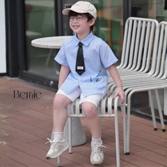  Set sơ mi 3CT cho bé trai áo tay ngắn phối cà vạt kèm quần short bé đi học đi chơi 11 tới 28kg BERNIE H0326B45