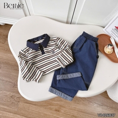 Set bộ dài tay cho bé trai áo polo họa tiết kẻ thêu Dog phối quần dài suông denim size 11 tới 28kg BERNIE V0426B37