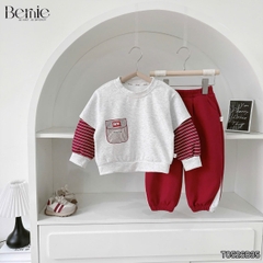 Set bộ cotton phối kẻ BNE Sport áo tay dài kèm quần cho bé trai size 9 tới 25kg BERNIE T0526B35