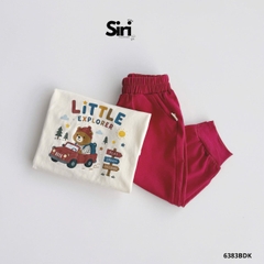 Set bộ dài tay chất thun cotton áo be họa tiết Little Explorer kèm quần dài đỏ size 10 tới 27kg BERNIE SIRI 6383BDK