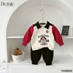 Set bộ polo tay dài áo thun cổ phối màu họa tiết Play Club kèm quần dài cho bé trai size 9 tới 28kg BERNIE T0426B49