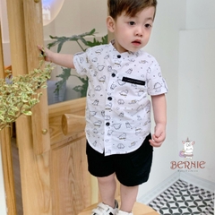 Set đồ bộ sơ mi tơ đũi ngắn tay cho bé trai đi biển đi chơi áo họa tiết hoa lá cây dừa nổi bật kèm quần BERNIE