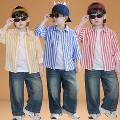 Set đồ áo sơ mi dài tay kèm quần jean và áo thun bên trong, set sơ mi dài sọc kẻ phong cách hàn quốc 1 đến 7 tuổi BERNIE H1025B77Đ