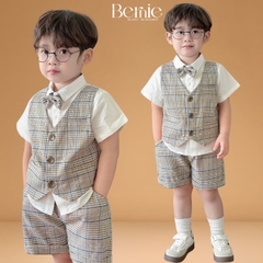 Set bộ quần áo vest set sơ mi ngắn tay công tử bé trai đính nơ rời mặc sinh nhật đi chơi đi tiệc 1 đến 7 tuổi BERNIE
