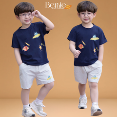Set bộ cotton planet vũ trụ  rực rỡ sắc màu cho bé trai áo thun cotton họa tiết khám phá vũ trụ và quần short đùi 1 đến 7 tuổi BERNIE T1025B24Đ