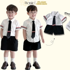 Set đồ bộ đi chơi bé trai BERNIE áo sơ mi trắng ngắn tay và cà vạt phối kẻ cho bé từ 9 đến 24kg.